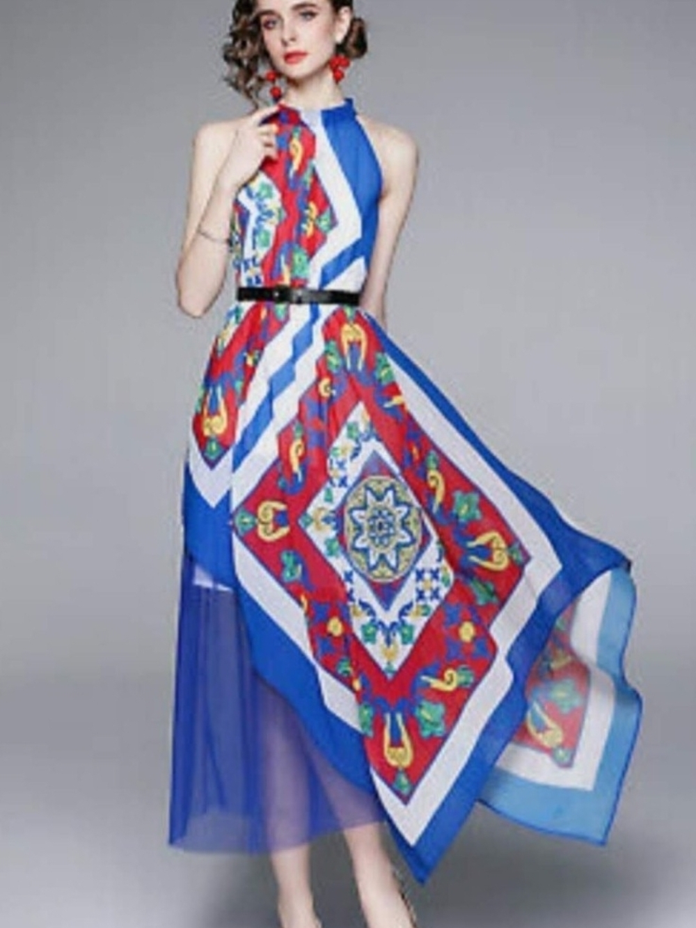 Blue Printed Halter Maxi Dress